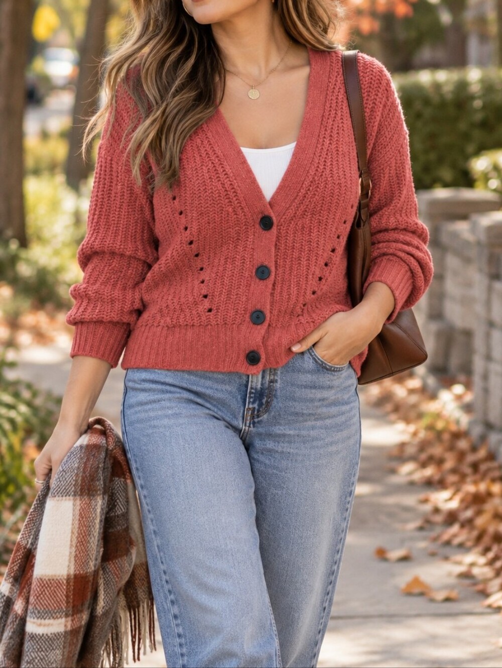Ricki's Dusty Coral Chunky Knit V-Neck Button Cardigan Cozy Fall Casual